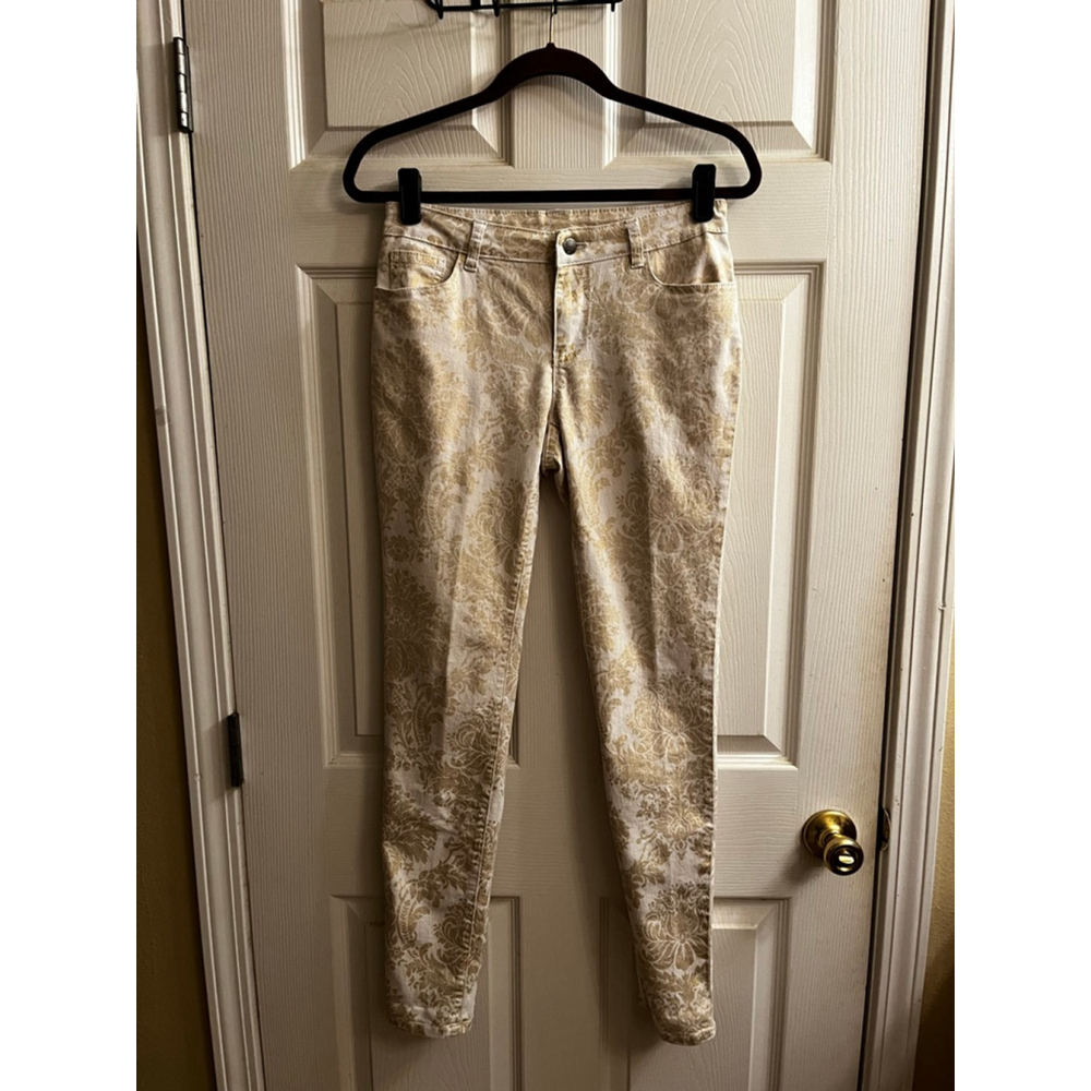 GOLD DAMASK JEANS~AZI~Skinny Jeans~White/Gold~Damask Print~4-6